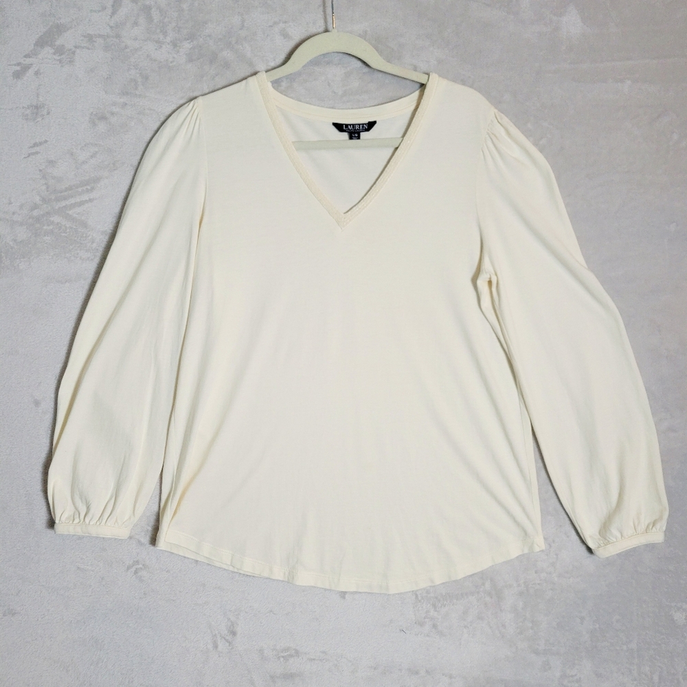 Black Label Lauren Ralph Lauren Off White Beaded V Neck Long Sleeve‎ Top Large